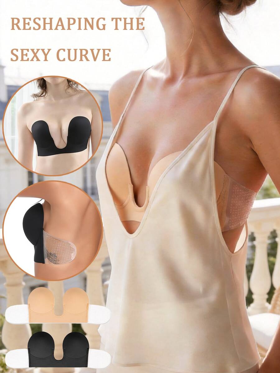 1pc Women's Deep U-Neck Adhesive Bra, Invisible Comfortable With Good Coverage, Reusable 3-4 Times, Suitable For Wedding Dress Photography And More - Khaki - View 1