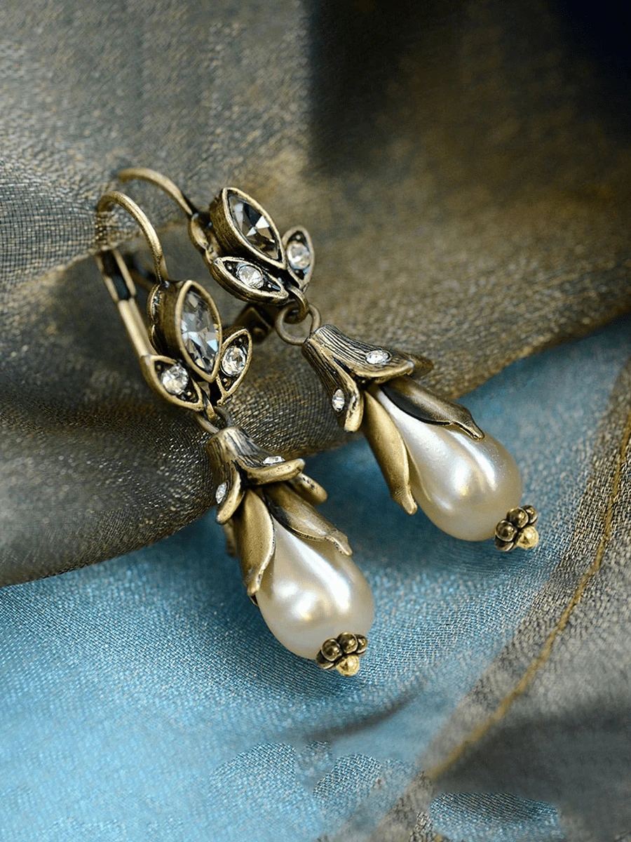 2pcs Vintage Elegant Palace Style Copper Alloy Multi-Color Leaf & Zirconia Water Drop Earrings, Suitable For Parties And Daily Outfits - Multicolor - View 1