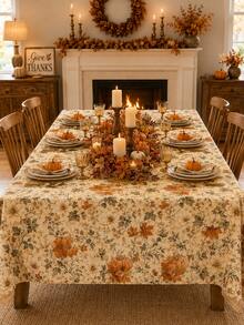 Autumn Floral Tablecloth, Vintage Orange Botanical Autumn Tablecloth, Country Farmhouse Style Harvest Thanksgiving Tablecloth, Suitable For Kitchen Dining Room, Seasonal Autumn Home Decor, Family Dinner Party Floral Tablecloth - Multicolor - View 1