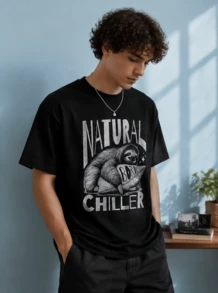 Herren Vintage Grafik-T-Shirt, Retro-Print Streetwear-Tee, Lagerbestand im örtlichen Lager, 230 g/m², 100 % Baumwolle, Sloth Natural Born Chiller, Bestseller, lustiges Geschenk, schwarzes T-Shirt B179 - Schwarz - Übersicht 5