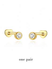 AnlaScheer 1pc 925 Sterling Silver Round Bezel Flat Back Helix Cartilage Piercing Earring, Women's Engagement Wedding Bridal Jewelry - Gold - View 17