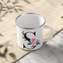 1 قطعة كوب قهوة مطلي بالمينا 26 حرف، كوب قهوة تخييم 12 أونصة AZ، كوب ماء محمول للسفر، مجموعة شرب للصيف والشتاء، هدية - أبيض - مشاهدة 6