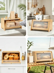 1pc Bamboo Bread Storage Box‑With Transparent Viewing Window, Flip‑Top Design, Large Capacity, Stable Structure, Kitchen Countertop Bread Storage Bin, Can Store All Kinds Of Food, Keep Food Clean And Hygienic - Multiple Specifications - View 6
