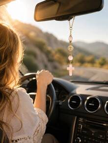 Crystal Cross Car Rearview Mirror Hanging Ornament, Bohemian Handmade Sun Catcher With Gold Chain And Natural Stone Beads, Elegant Spiritual Protection Amulet, Suitable For Various Car Interior Decor - Multicolor - View 7