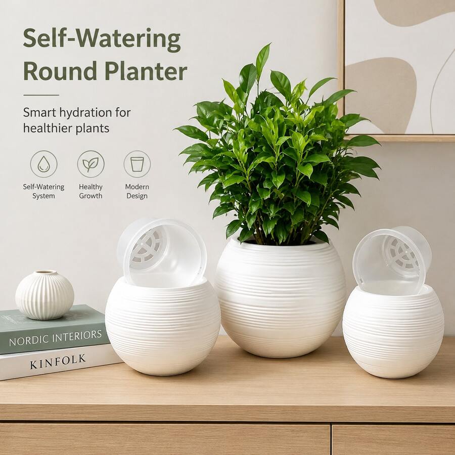 Modern Minimalist Resin Planter - Featuring Round Design And Premium Texture. Suitable For Living Room, Study, Bedroom And TV Cabinet Indoor Spaces. This Thickened Resin Planter... - A - View 1