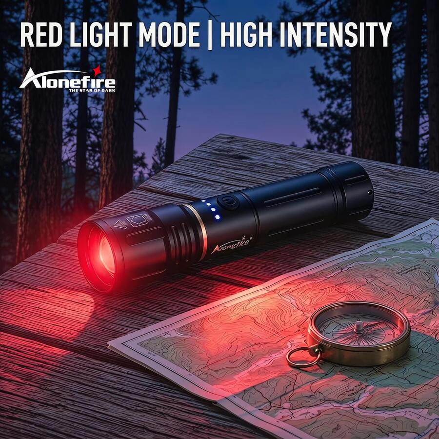 Red LED Flashlight Zoomable High Power Torch, Aluminum Alloy Handheld Light, USB Rechargeable Portable Flashlight, Alonefire For Hunting, Camping, Hiking, Fishing, Outdoor Emergency