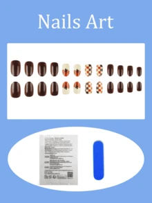 24片短橢圓形穿戴甲，氣吹感萬聖節美甲，南瓜與棋盤格圖案，復古風高光全覆蓋假指甲，適合女性與女孩，日常配戴、萬聖節派對與約會 - 彩色 - 查看 2