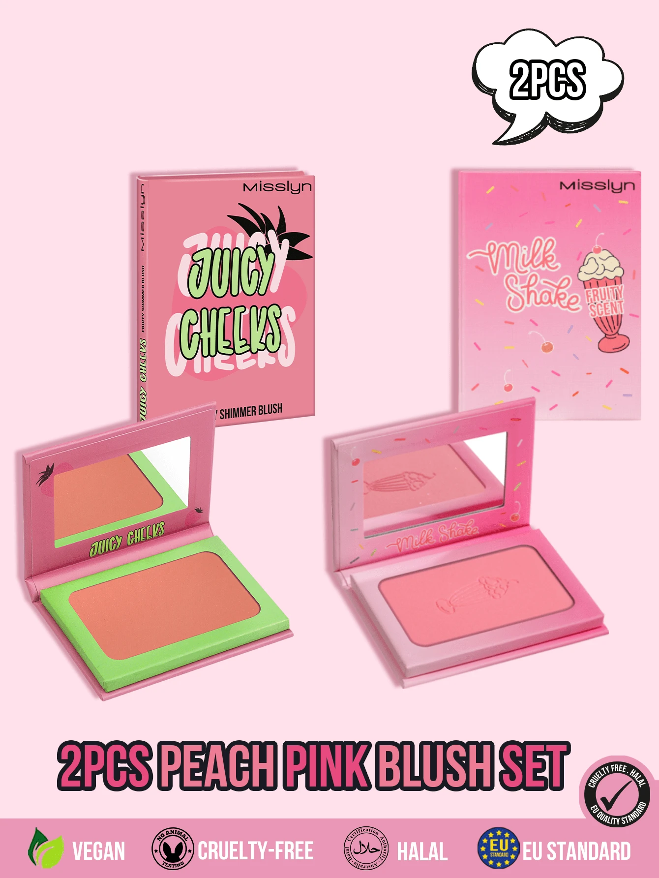 MISSLYN 2PCS Juicy Cheeks Fruity Shimmer Blush & Milk Shake Powder Blush Set, Buildable Color & Smooth Blendable, Face Blush & Shimmer Duo Set, For Everyday Wear, Party & Night Out, Hot Shimmer & Soft Glow, Makeup Blush Kit - #01+#10 - View 1