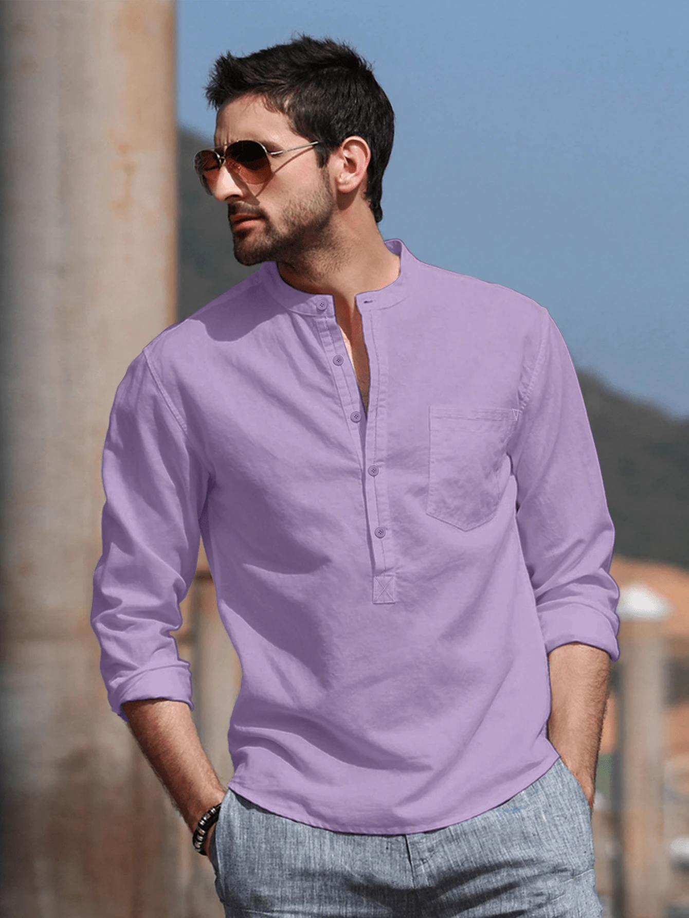 NITAGUT Men's Casual Breathable Long Sleeve Shirt, For Fall - Violet Purple - View 1