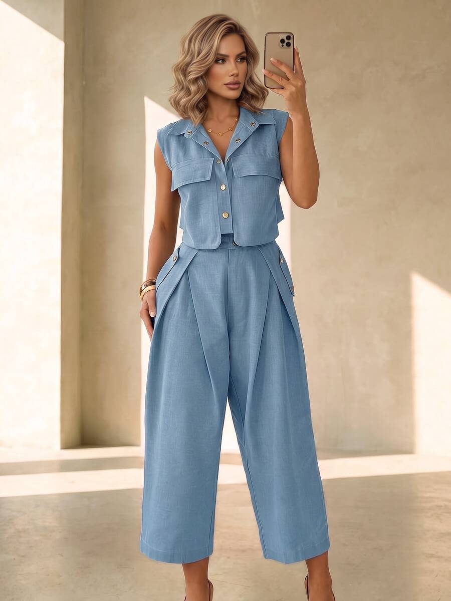 Women's Summer Fashion Elegant Sleeveless Top + Cropped Pants 2-Piece Set, Utility Street Casual Style For Commute, Daily Wear And Outings - Light Blue - View 1