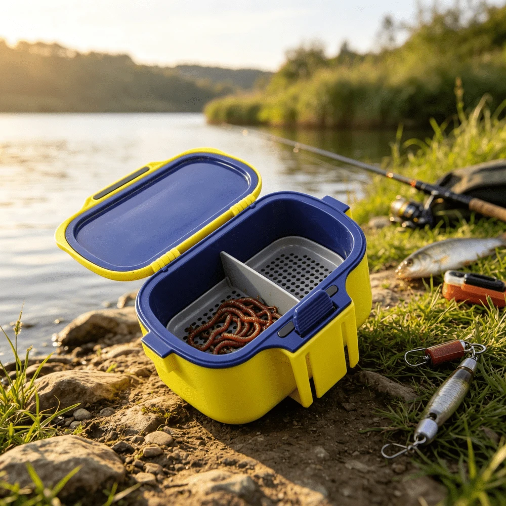 1 Pack Fishing Bait Box For Red Worms Earthworms Multifunctional Divided Bait Storage Case With Drainage Holes Portable Belt Clip Live Bait Container For Sea Fishing Outdoor Angling Accessories - Yellow - View 1