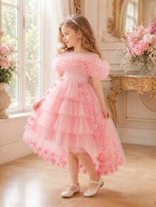 New Girls' Lace Train Princess Dress, Holiday Puff Tulle Gown, Children's Formal Dress - Pink - View 2