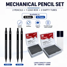 Metal Low Centre Of Gravity Automatic Pencil Set (0.5/0.7mm), Black 2B Graphite Leads, Suitable For Sketching, Artistic Drawing, School And Office Writing Includes 2 Pencils + 1 Box Of Leads + 2 Packaging Tubes Fine Writing Instruments - Multiple Styles - View 2