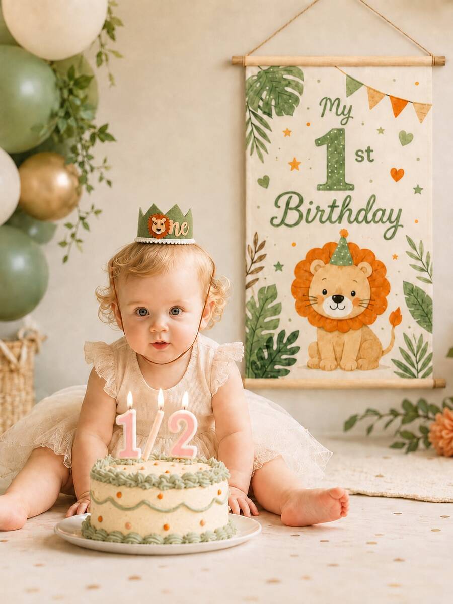 1套獅子主題1歲生日皇冠帽與橫幅套裝,鼠尾草綠派對裝飾,適用於拍照、蛋糕桌與慶祝背景 - 彩色 - 查看 1