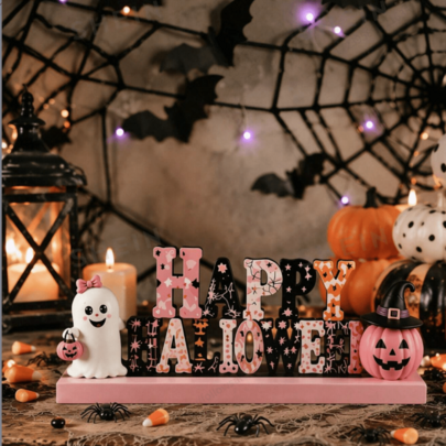 1pc Halloween Pink Wooden Desktop Decor, Cute Bow Ghost And Witch Hat Pumpkin Letter Block, Rustic Farmhouse Spooky Tabletop Centerpiece, Suitable For Mantel, Shelf, Tiered Tray, Halloween Room Decoration