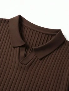Camisa polo de manga corta de punto acanalado clásico para hombre, unicolor, adecuada para salidas de verano, esencial de moda - Marrón - Ver 9