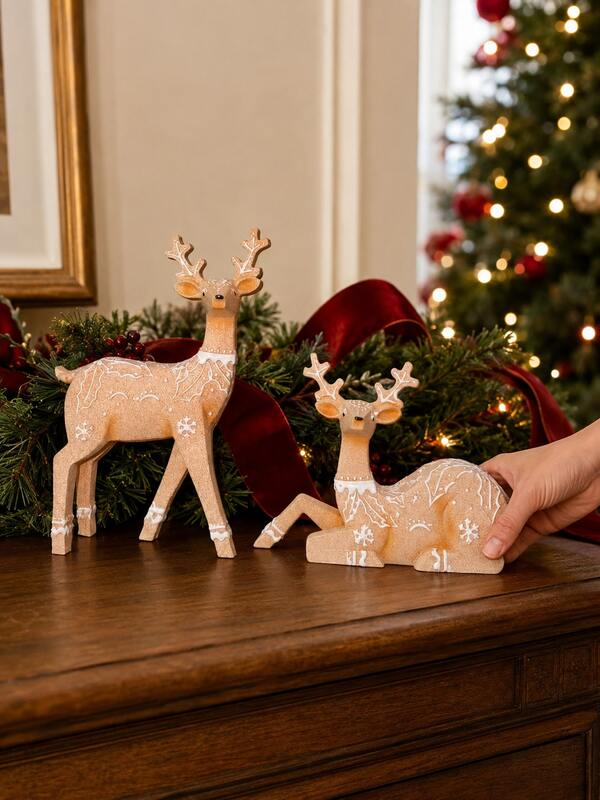 2pcs Christmas Deer Statue Set, Beige Resin Standing And Lying Reindeer With White Winter Pattern, Cute Farmhouse Style Desktop Decor, Suitable For Mantel, Shelf And Entryway, Christmas Gift For Women