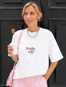 Minimalist Trophy Wife Print Tee, Unisex Tops, Old Money Aesthetic, Y2K Streetwear, Summer Outfit For Women, Elegant Off-Campus Vacation Shirt - White - View 2