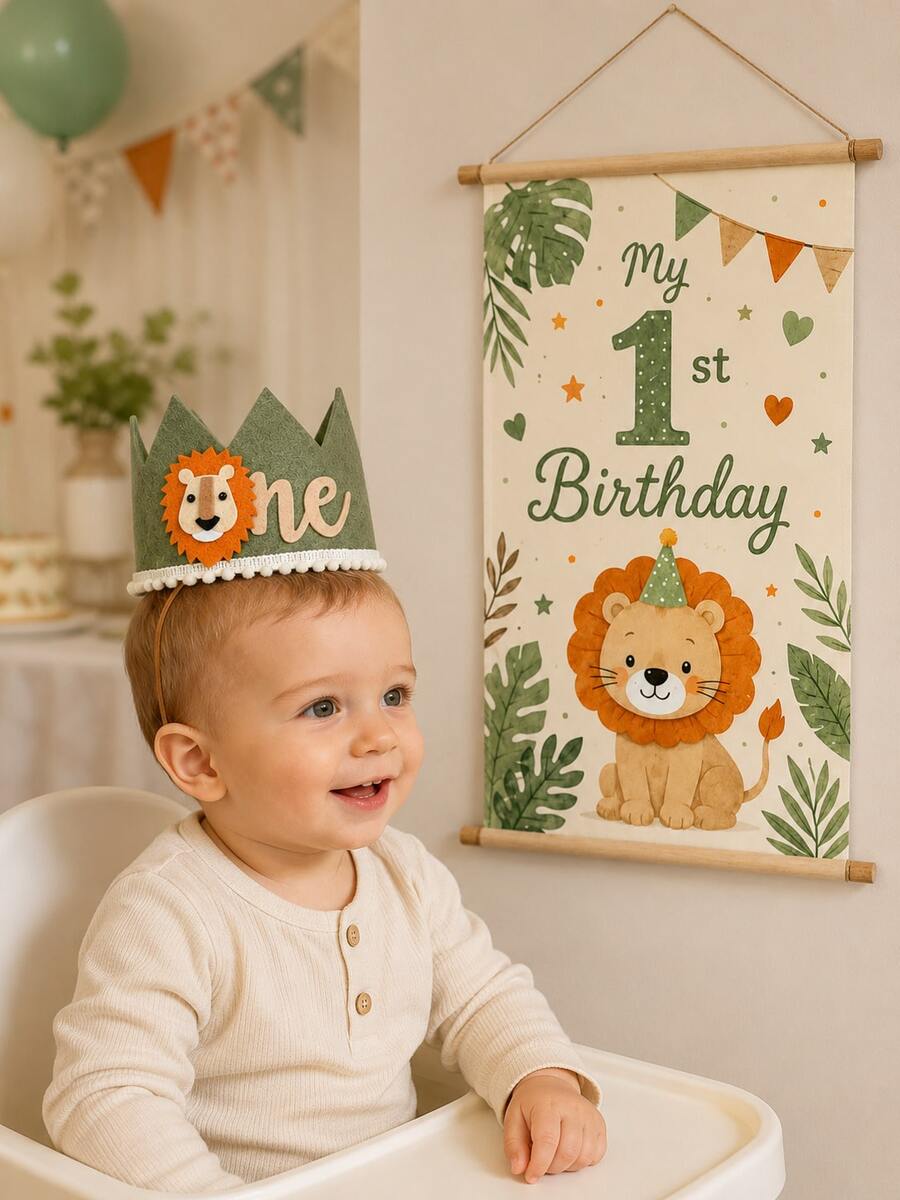 1 Set Lion Theme 1st Birthday Crown Hat And Banner Set, Sage Green Party Decoration, Suitable For Photos, Cake Table And Celebration Background - Multicolor - View 1