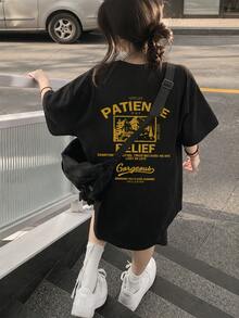 女款時尚寬鬆休閒圓領字母印花短袖T恤，夏季百搭黑色 - 黑色 - 查看 2