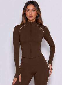 Never me Women's Slim Fit Waist-Cinched Thumbhole Long Sleeve Jacket, Stand Collar Full Zip Yoga Running Training Cardigan - Brown - View 1
