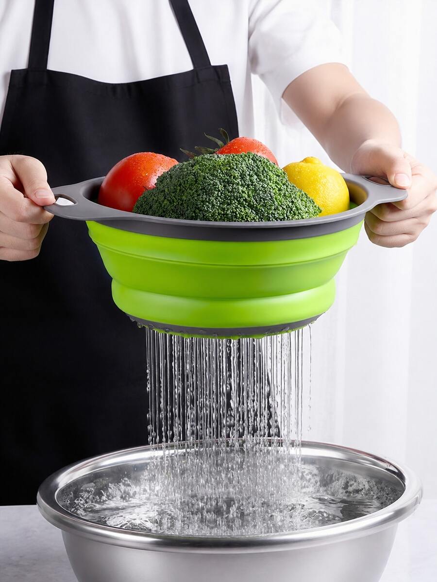 1/2 Pcs Foldable Silicone Strainer Set, Space-Saving Strainer With Handle, Collapsible Colander For Fruits, Vegetables, Pasta, Etc. - Green Kitchen Tools, Easy Storage, Fine Mesh Kitchen Strainer Set, Essential Kitchen Tools And Accessories, Must-Have Kitchen Tool Gift For Home Cooks, Space-Saving Kitchen Storage Helper, Christmas Kitchen Gift Choice