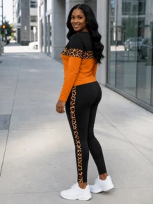 Women's Casual Leopard Print Round Neck 2 Pieces Set, Slightly Elastic, Suitable For Autumn Wear, Elegant - Multicolor - View 3