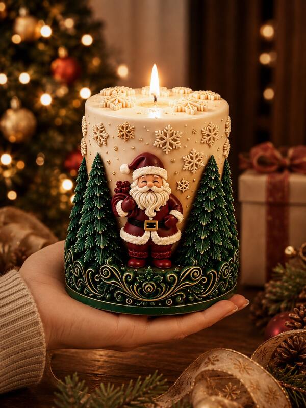 Embossed Christmas Tree And Santa Claus Silicone Molds, Snowflake Print Cylindrical Candle Molds, Christmas Tabletop Decor And Holiday Handmade Gift Craft Supplies Silicone Molds, Soft Material, Reusable