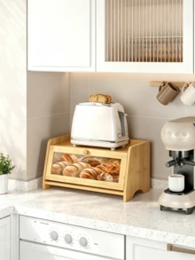 1pc Bamboo Bread Storage Box‑With Transparent Viewing Window, Flip‑Top Design, Large Capacity, Stable Structure, Kitchen Countertop Bread Storage Bin, Can Store All Kinds Of Food, Keep Food Clean And Hygienic - Multiple Specifications - View 4