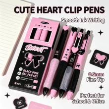 4pcs Black & Pink Heart-Shaped Retractable Gel Pen Set, 0.5mm Black Ink, Cool & Sweet Style Retractable Water Pens, Cute Stationery Gift Box, Suitable For Students Exams, Note-Taking, Birthday Gifts - A - View 2