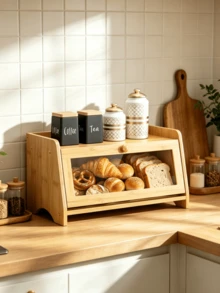 1pc Bamboo Bread Storage Box‑With Transparent Viewing Window, Flip‑Top Design, Large Capacity, Stable Structure, Kitchen Countertop Bread Storage Bin, Can Store All Kinds Of Food, Keep Food Clean And Hygienic - Multiple Specifications - View 11