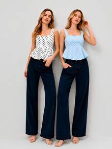 Kit 2 Blusinhas Bata Tricô Poá Regata Premium Soltinha Fio Modal Babado Peplum Alça Grossa Elegante e Casual Confortável - Branco+Azul - Visão 1