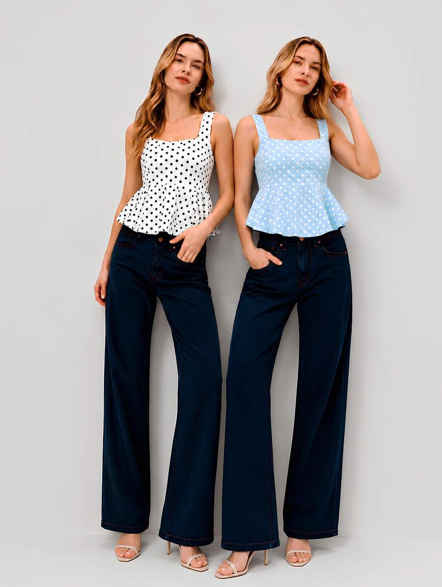 Kit 2 Blusinhas Bata Tricô Poá Regata Premium Soltinha Fio Modal Babado Peplum Alça Grossa Elegante e Casual Confortável - Branco+Azul - Visão 1