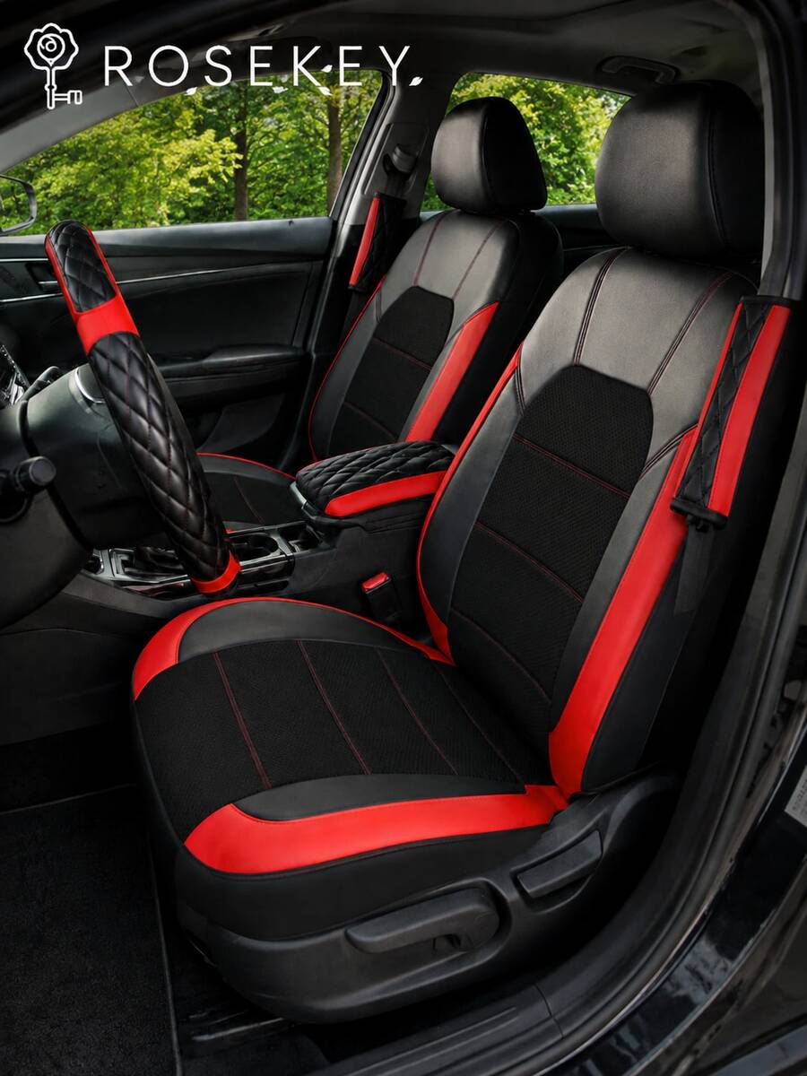 13/4pcs Universal Car Seat Covers - Black PU Leather & Breathable Mesh Seat Protector, Includes Steering Wheel Cover, Armrest Pad And Shoulder Strap Cover - Fine 3D - View 1