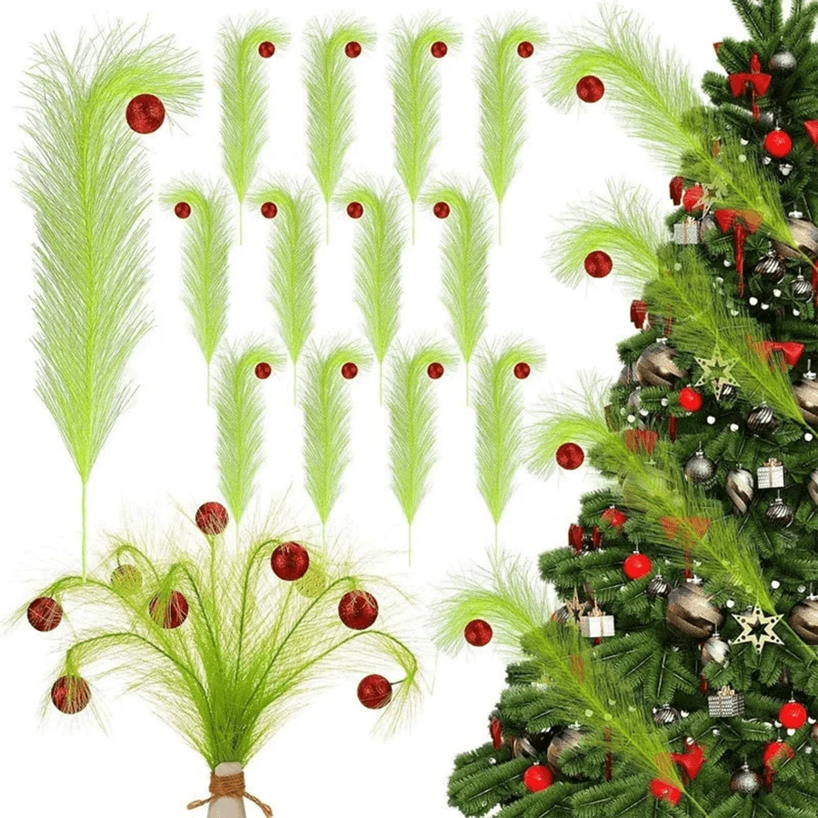 Panini Christmas Green Artificial Feather Decorative Sprigs With Glitter Pink Decorative Balls, Faux Reed Grass For Christmas Tree, Vase, Home Holiday Decor - Multicolor - View 1