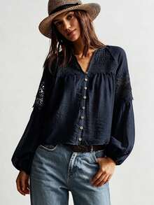 Rusttydustty Women's Standard Size Long Sleeve Blue Lace Blouse, Casual Vacation Bohemian Style, Suitable For Autumn - Navy Blue - View 1