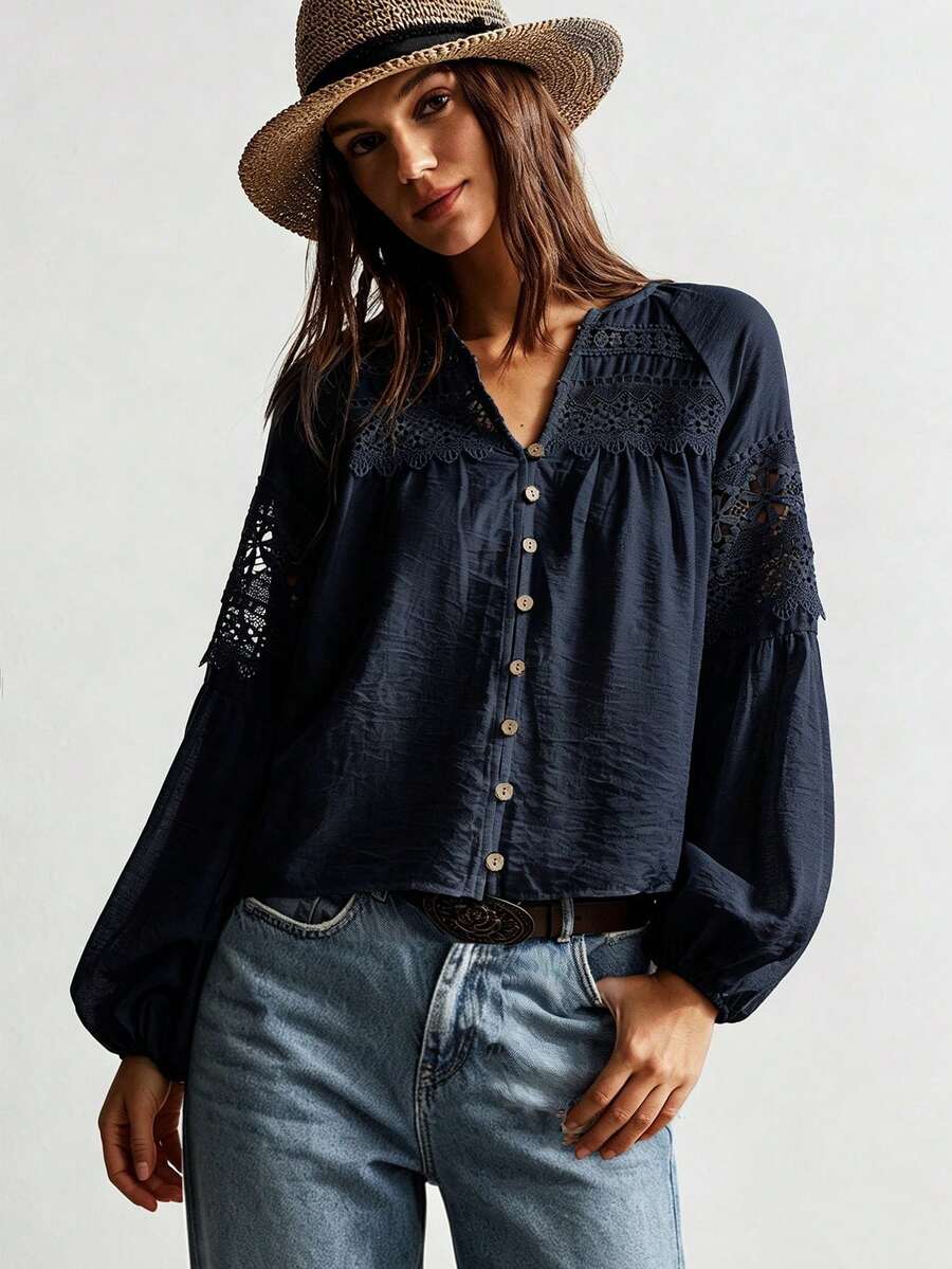 Rusttydustty Women's Standard Size Long Sleeve Blue Lace Blouse, Casual Vacation Bohemian Style, Suitable For Autumn - Navy Blue - View 1