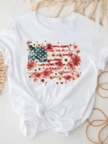 Floral American Flag Shirt For Women, Bella Canvas Patriotic 4th Of July Tee, Independence Day Tops , Unisex Graphic T Shirts, Funny T-Shirt - White - View 1