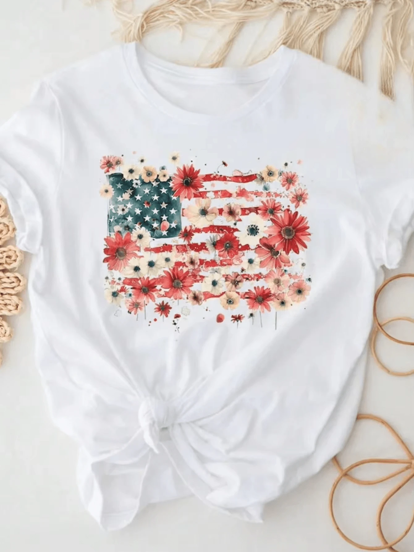 Floral American Flag Shirt For Women, Bella Canvas Patriotic 4th Of July Tee, Independence Day Tops , Unisex Graphic T Shirts, Funny T-Shirt - White - View 1