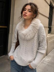 Women's Cozy Cable Knit Pullover Sweater With Faux Fur Collar, Long Sleeve Regular Fit For Winter & Fall Fashion - Apricot - View 3