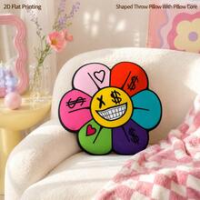 Joyful Face Macaron Color Floral Street Art Style 2D Flat Print Irregular Shaped Plush Pillow, Suitable For Sofa, Bedroom, Living Room Cozy Home Decor, Office And Car Use, Pillow Gift - Multicolor - View 3