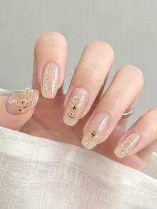 1 Sheet Summer-Themed, Soft And Luxurious Full-Coverage Nail Stickers. These Stickers Feature An Apricot Color Palette Accented With Sparkling Designs And Various Rhinestone Patterns, Making Them Perfect For Women And Young Girls. - Apricot - View 3