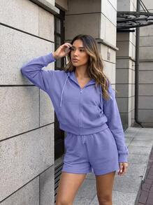Never me Women's Sports Set Full Zip Short Hoodie & Drawstring High Waist Shorts 2 Pieces Casual Fitness Outfit - Dusty Blue - View 5
