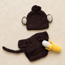 Newborn Photography Props Outfit, 3 PiecesHandmade Crochet Monkey Pants Set With Hat, Diaper Cover & Banana For Baby Photoshoots - Multicolor - View 5