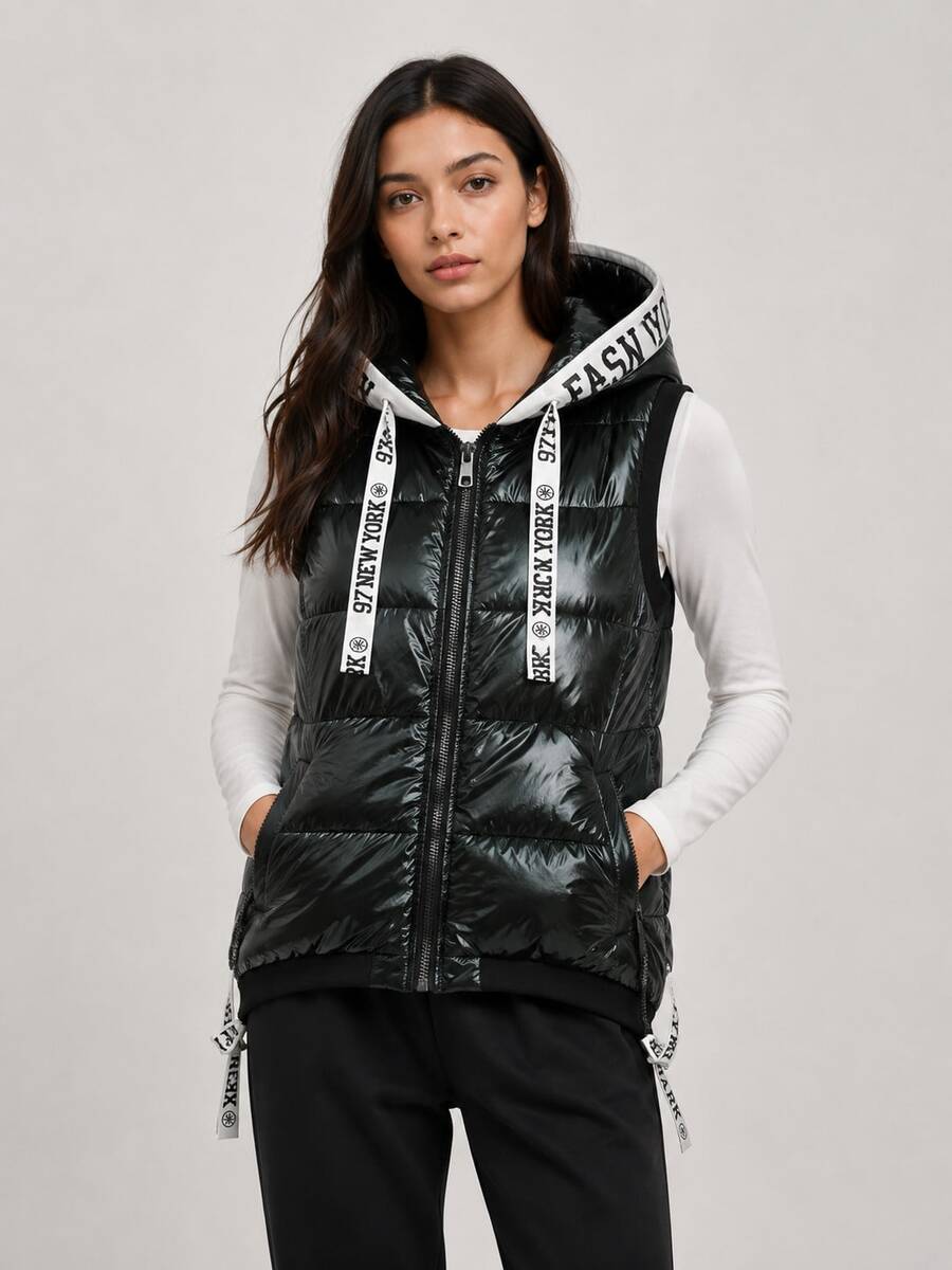 Women's Hooded Puffer Vest, Bubble Fit, Knitted Cuffs, Zip Front, 2 Pockets, Longer Back, Synthetic Down, Spring Autumn Casual - Dark Grey - View 1