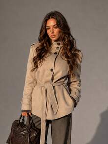 HZXVIC Women's New Autumn High-End Stand Collar Slim Fit Casual Single-Breasted Waist Tie Mid-Length Wool Coat - Khaki - View 3