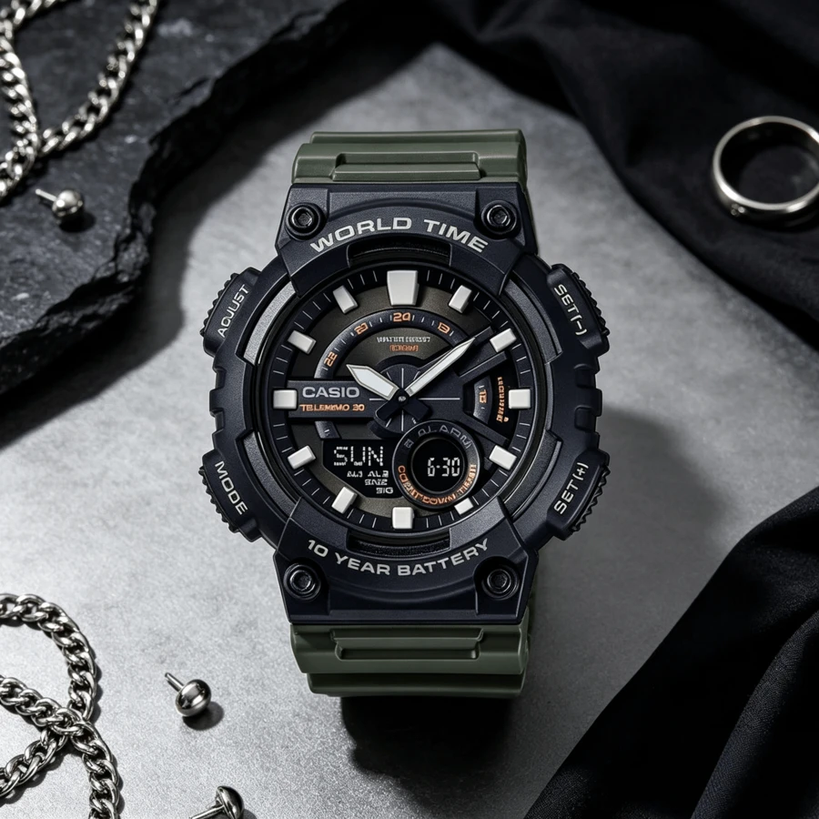 Casio 10-Year Battery Dual Display Fashion Outdoor Sports Waterproof Sports Watch Quartz Movement Resin Strap - Black - View 1