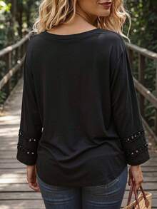 Plus Size Women's V-Neck 3/4 Sleeve Casual Loose Fit Top - Black - View 3