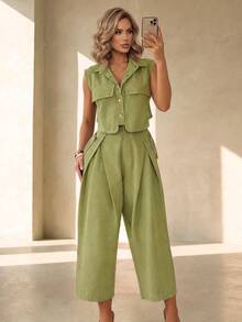 Women's Summer Fashion Elegant Sleeveless Top + Cropped Pants 2-Piece Set, Utility Street Casual Style For Commute, Daily Wear And Outings - Green - View 1
