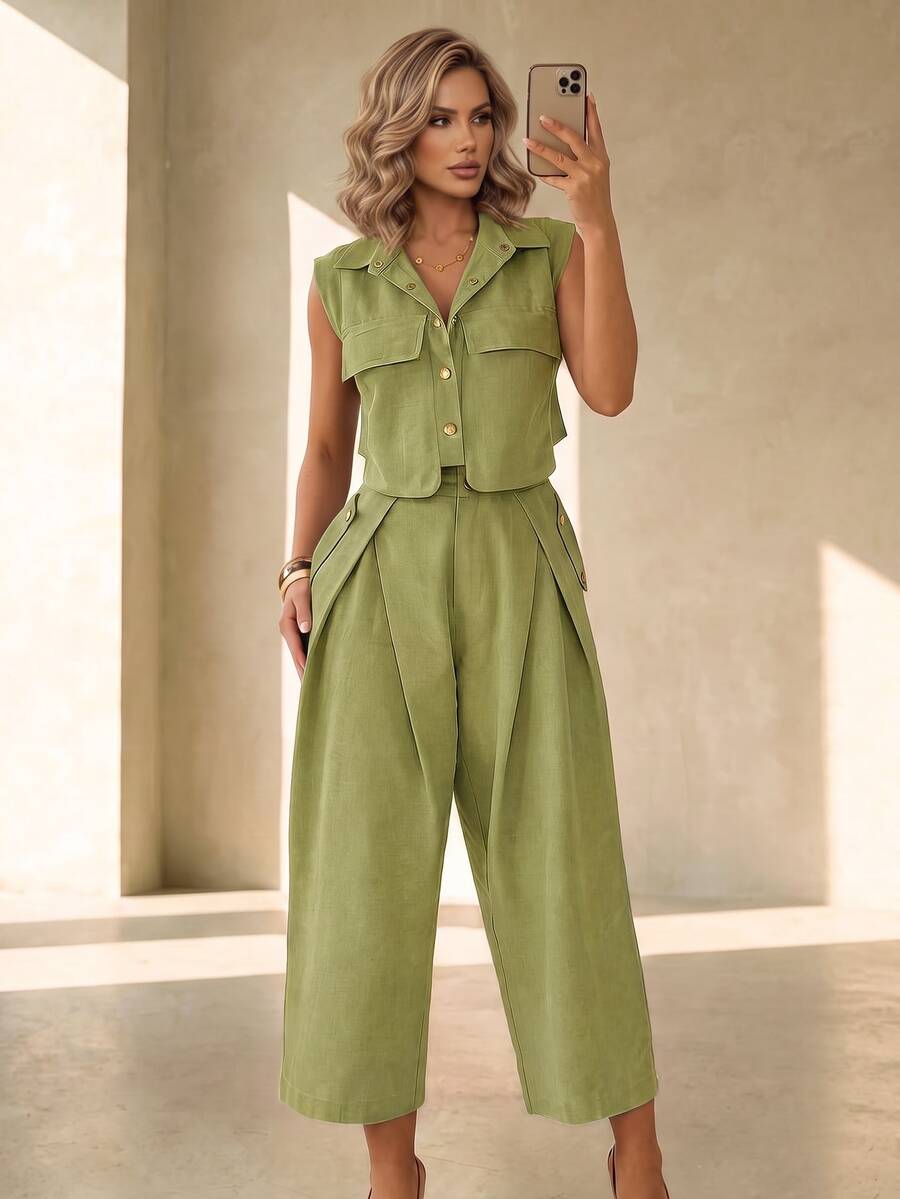 Women's Summer Fashion Elegant Sleeveless Top + Cropped Pants 2-Piece Set, Utility Street Casual Style For Commute, Daily Wear And Outings - Green - View 1